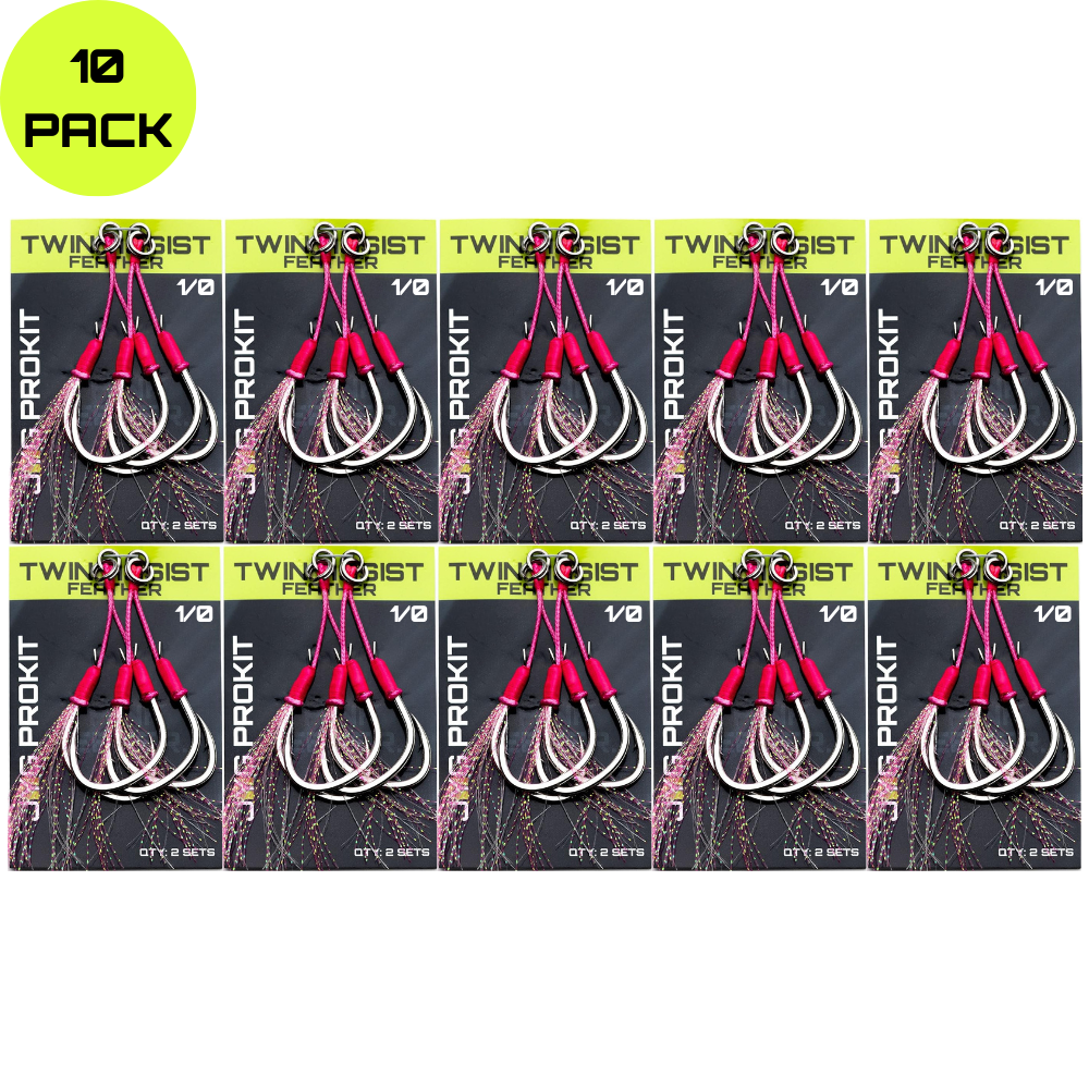 Twin Assist Hooks Pink Feather 10pk 1/0