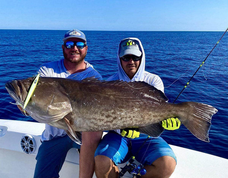 Two anglers in JYG caps holding a large gag grouper with a yellow jig in its mouth