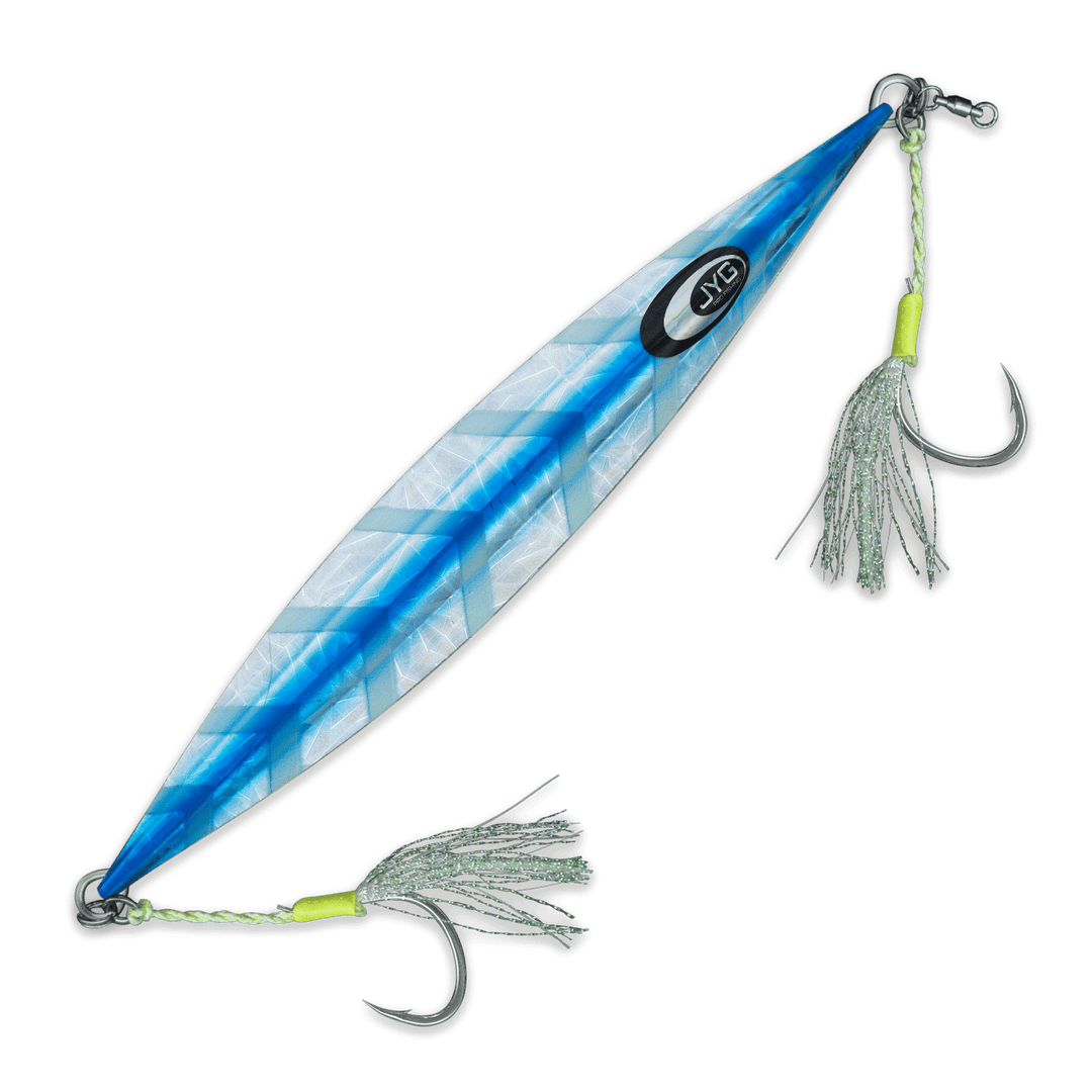 DEEP Collection slow pitch jig in blue, rigged and with TRU-WIRE for deep water strikes