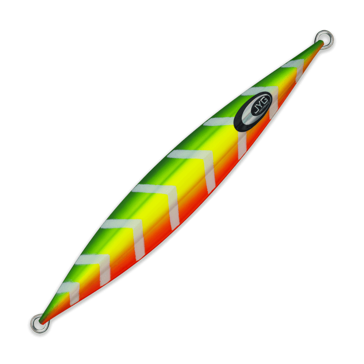 Unrigged slow pitch jig with green, yellow, and red Rasta-inspired finish, center-weighted for flutter action