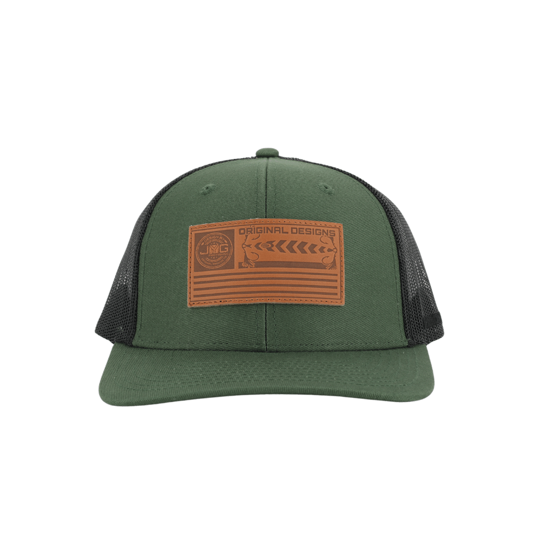 JYG PRO FLAG LEATHER PATCH TRUCKER GREEN BLACK 6 PANEL SNAPBACK HAT