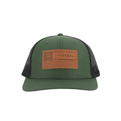 JYG PRO FLAG LEATHER PATCH TRUCKER GREEN BLACK 6 PANEL SNAPBACK HAT