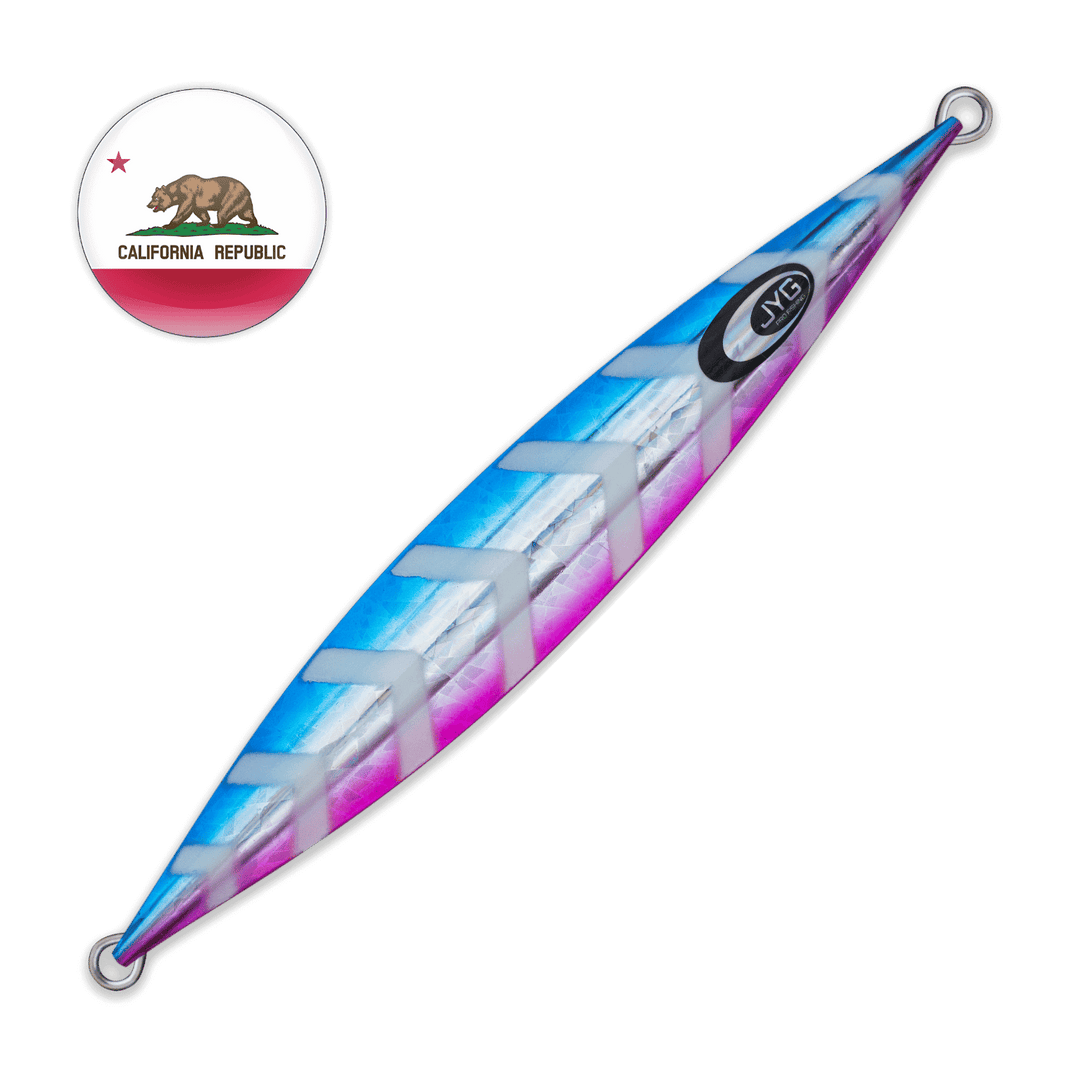 Unrigged slow pitch jig with multicolor blue, silver, and pink finish, center-weighted design and flutter action for vertical jigging