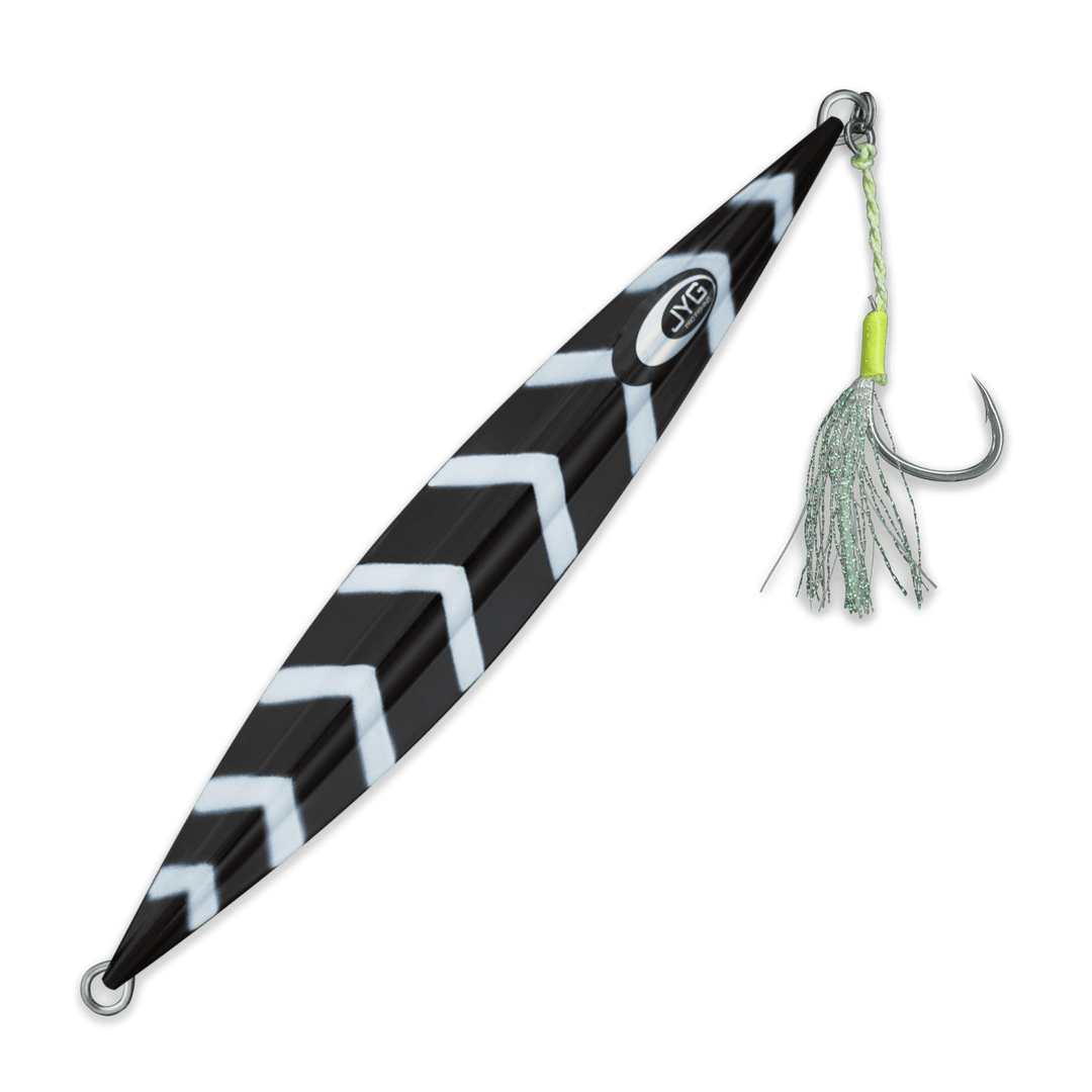 DEEP Collection slow pitch jig in black, rigged (25g–50g) with intermediate fall for precise control