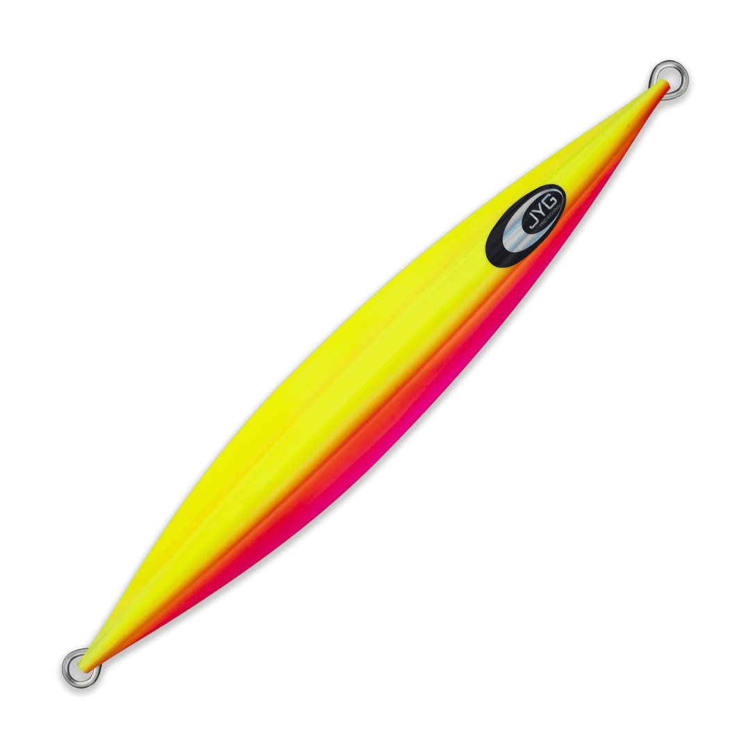 Unrigged slow pitch jig in gradient yellow-to-red finish with symmetrical body, ideal for vertical presentation in moderate currents