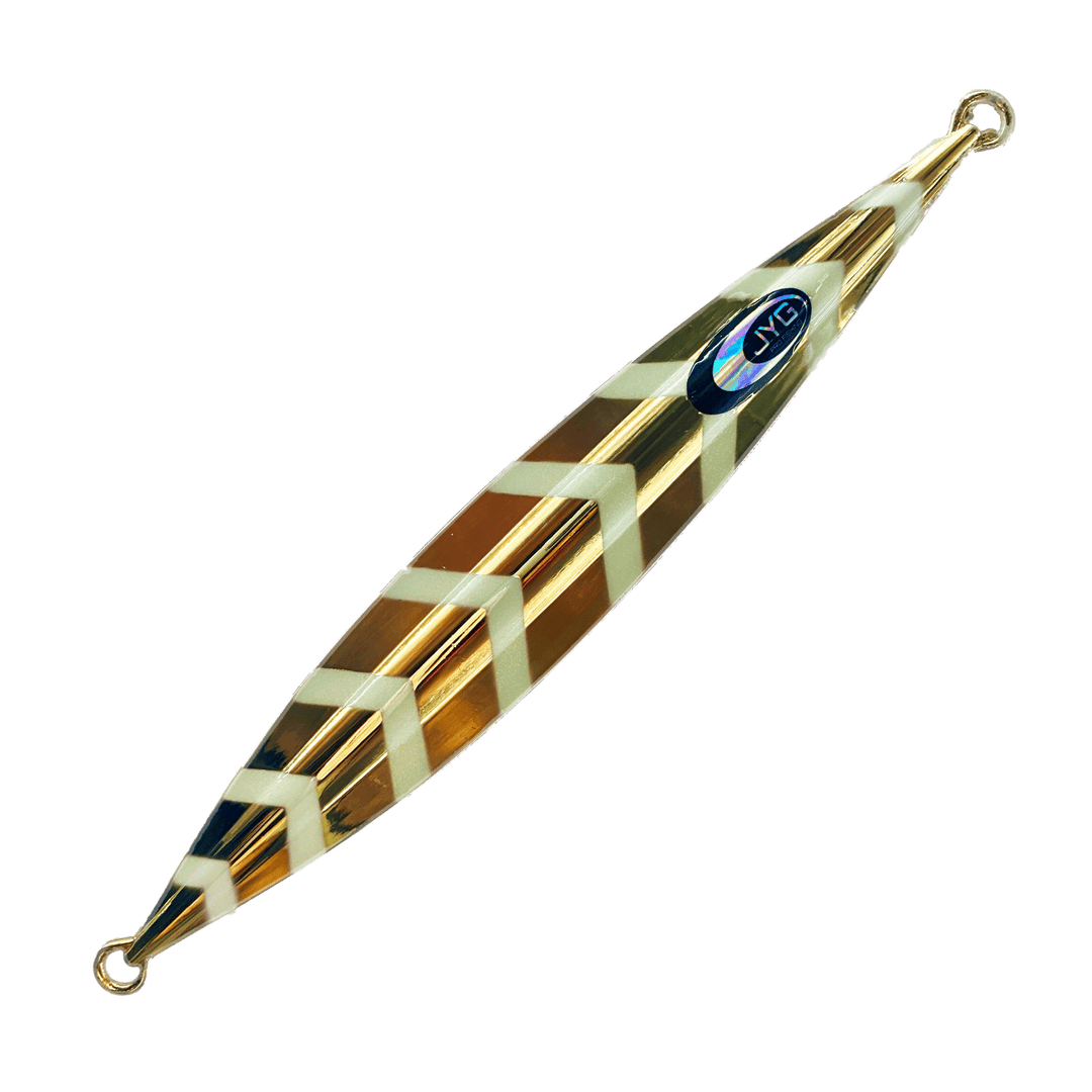 Unrigged golden slow pitch jig with metallic finish, balanced body and symmetrical profile for vertical jigging