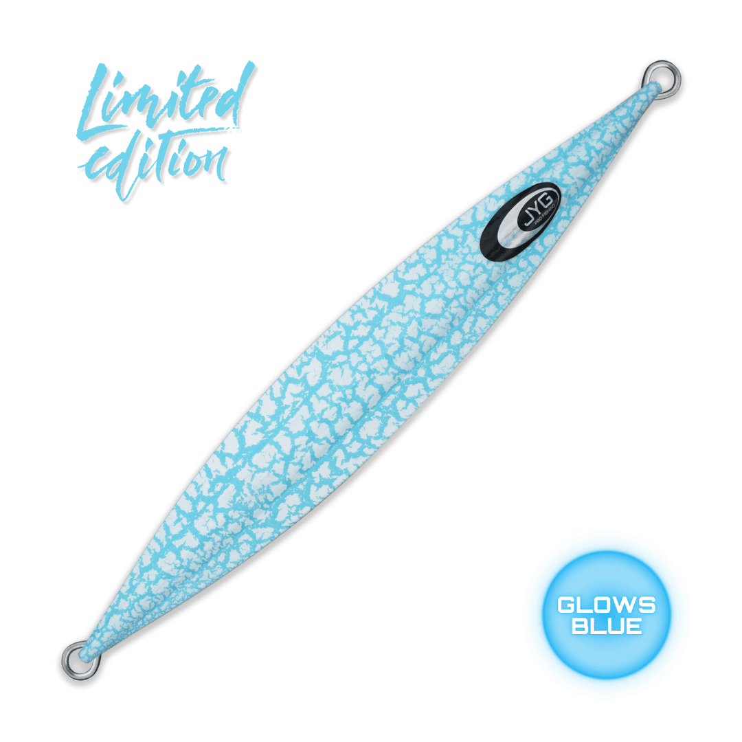 White crackle slow pitch jig with light blue glow finish, unrigged limited edition model