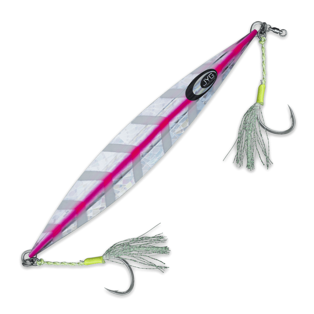 DEEP Collection slow pitch jig in pink, rigged for controlled flutter and precision descent