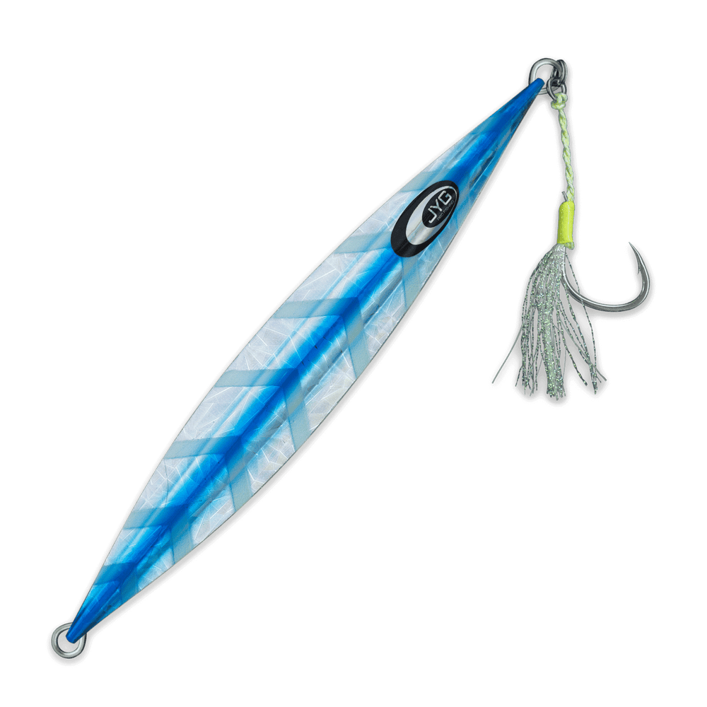 DEEP Collection slow pitch jig in blue, rigged (25g–50g) for inshore jigging and light current