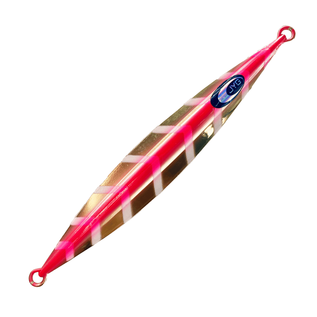 Unrigged golden pink slow pitch jig with shimmer coating, center-weighted for fluttering descent in moderate currents