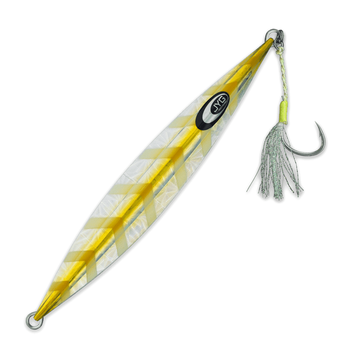 DEEP Collection slow pitch jig in gold, rigged 25g–50g version with free-fall flutter design