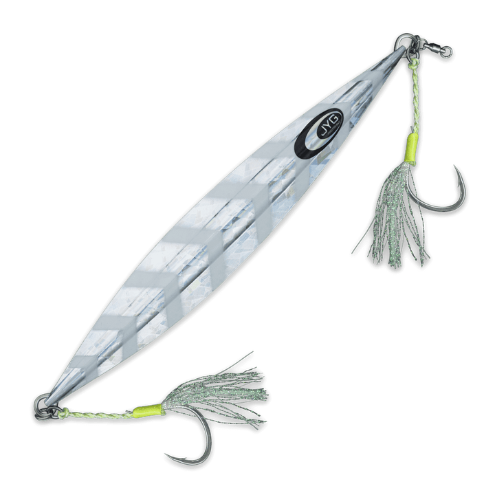 DEEP Collection slow pitch jig in silver, rigged slow pitch jig with stable free-fall performance