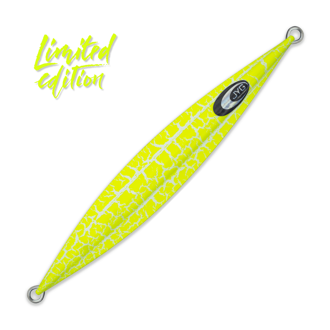 Yellow DEEP Crackle Limited Edition slow pitch jig, unrigged with balanced body and flutter action for jigging