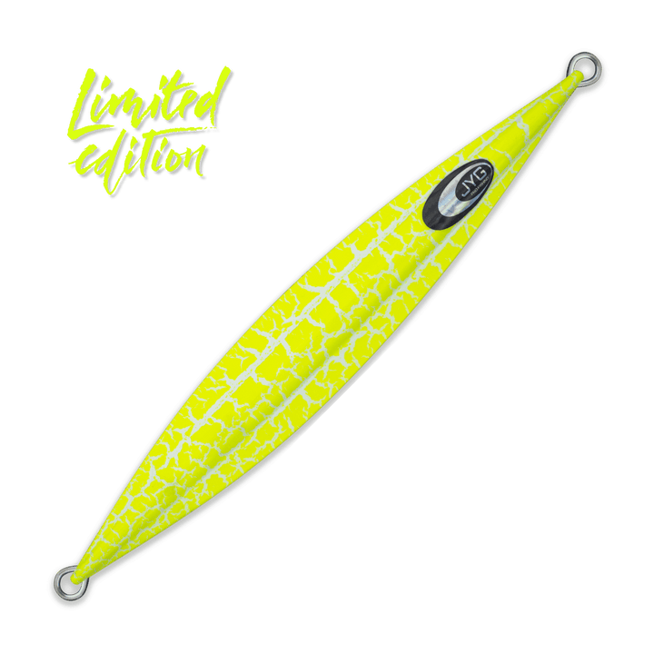 Yellow DEEP Crackle Limited Edition slow pitch jig, unrigged with balanced body and flutter action for jigging