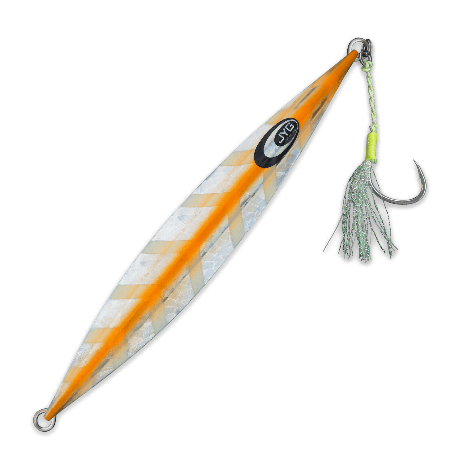 DEEP Collection slow pitch jig in orange, rigged 25g–50g jig with symmetrical profile and flutter