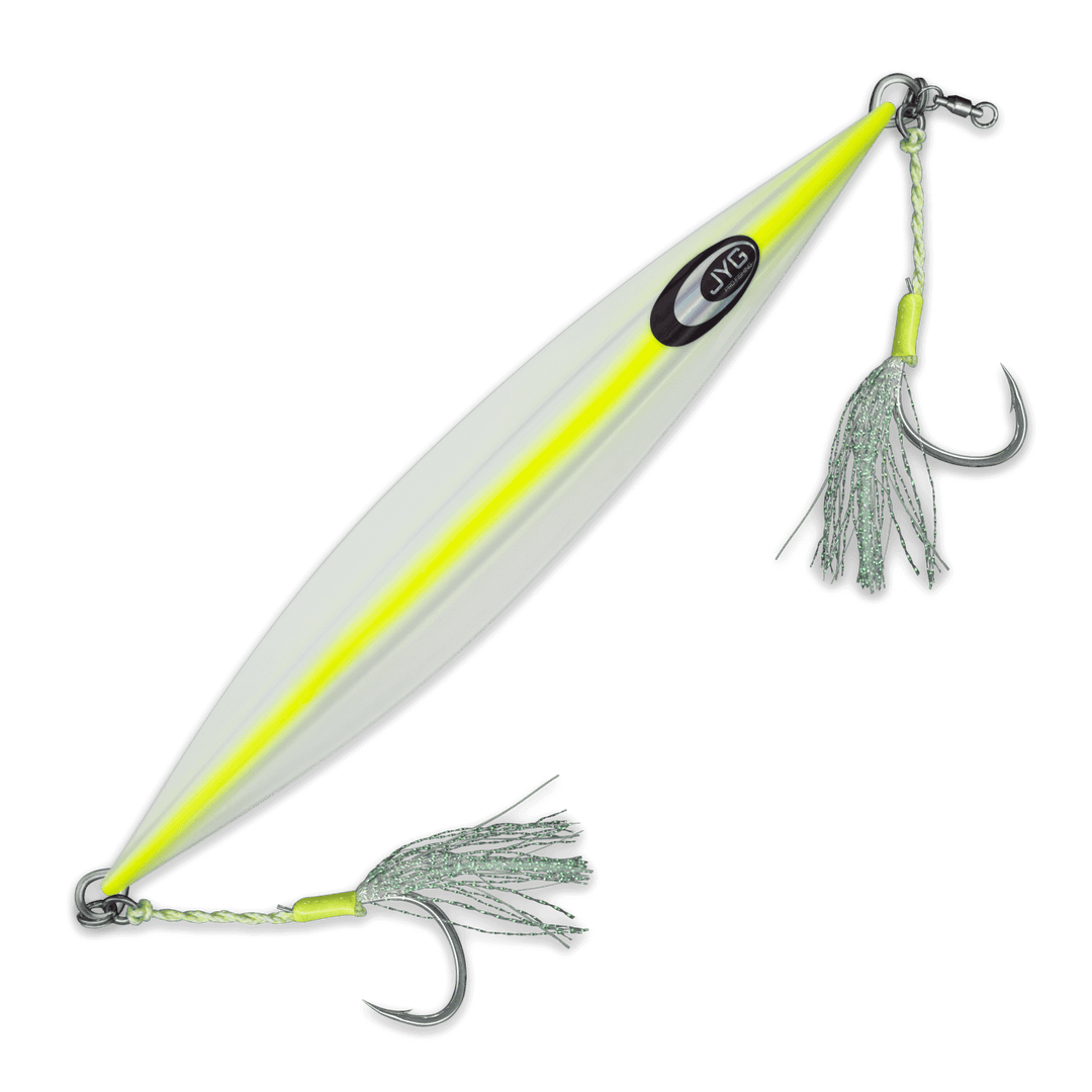 DEEP Collection slow pitch jig in yellow, rigged slow pitch jig with durable TRU-WIRE design