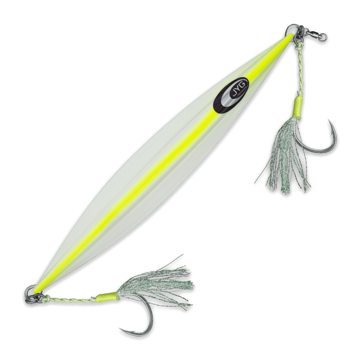 DEEP Collection slow pitch jig in yellow, rigged slow pitch jig with durable TRU-WIRE design