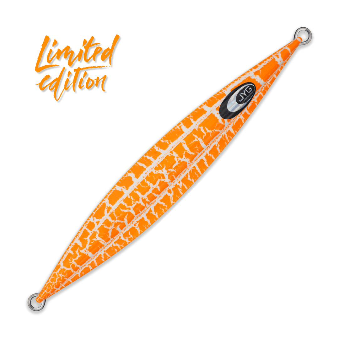 Orange DEEP Crackle Limited Edition slow pitch jig, unrigged with crackle finish and symmetrical slow fall profile