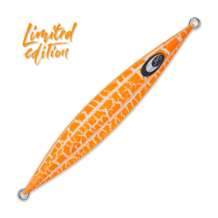 Orange DEEP Crackle Limited Edition slow pitch jig, unrigged with crackle finish and symmetrical slow fall profile