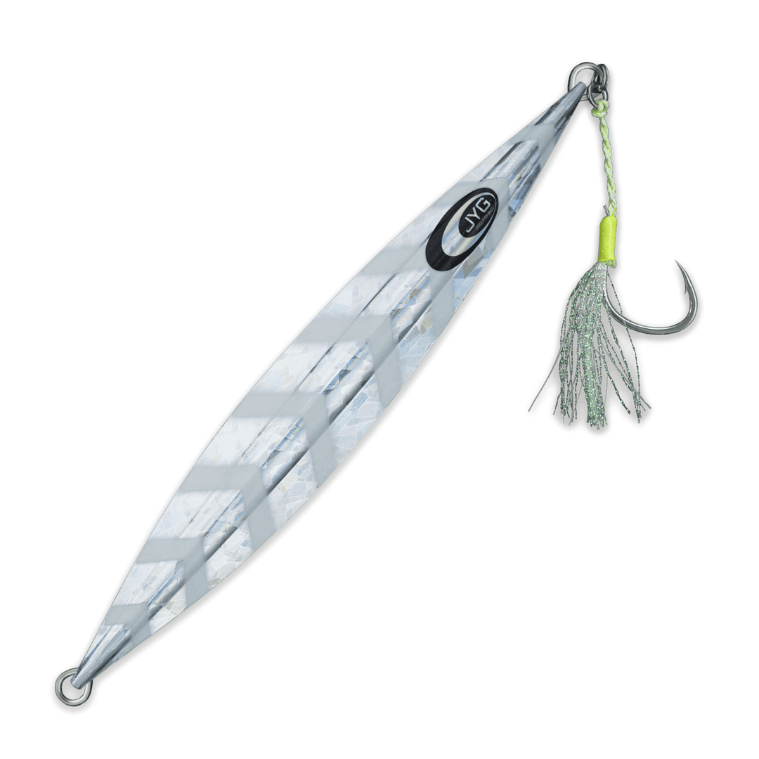 DEEP Collection slow pitch jig in silver, rigged 25g–50g jig with compact body and precise descent