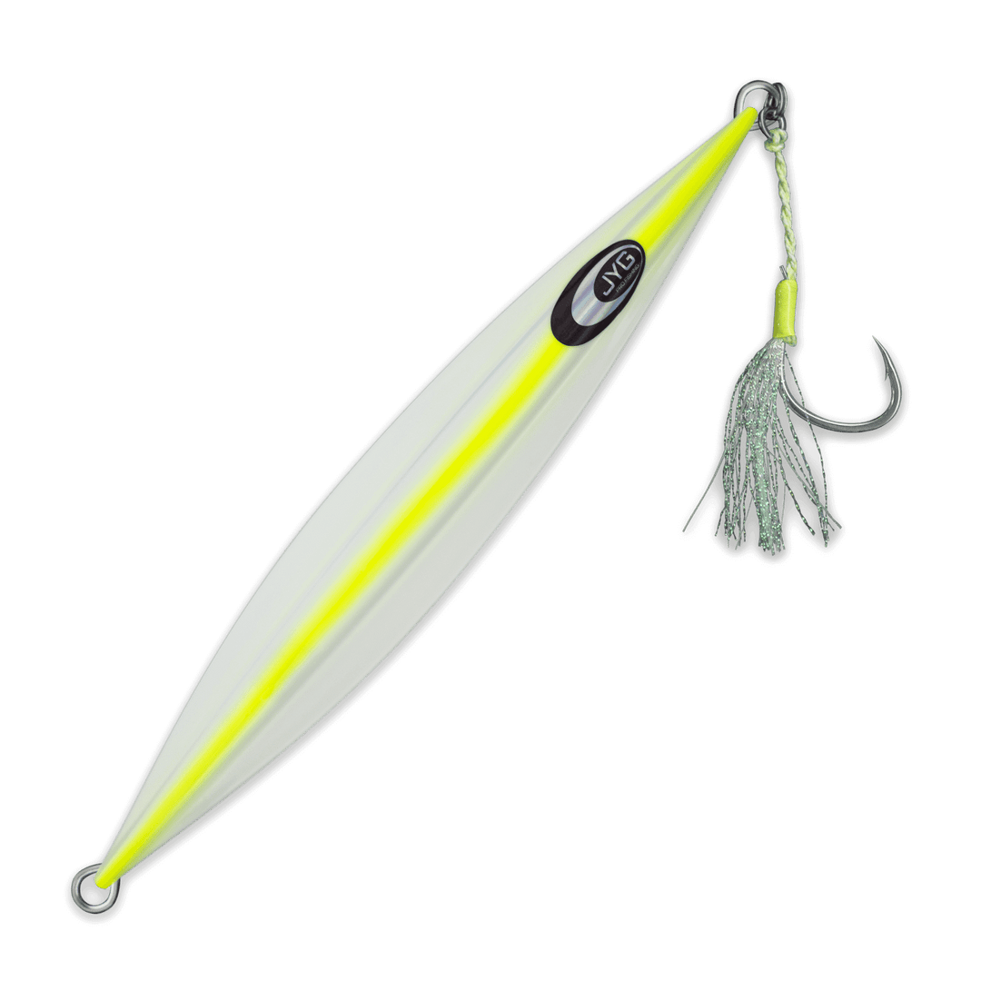 DEEP Collection slow pitch jig in yellow, rigged 25g–50g center-weighted jig for calm water use