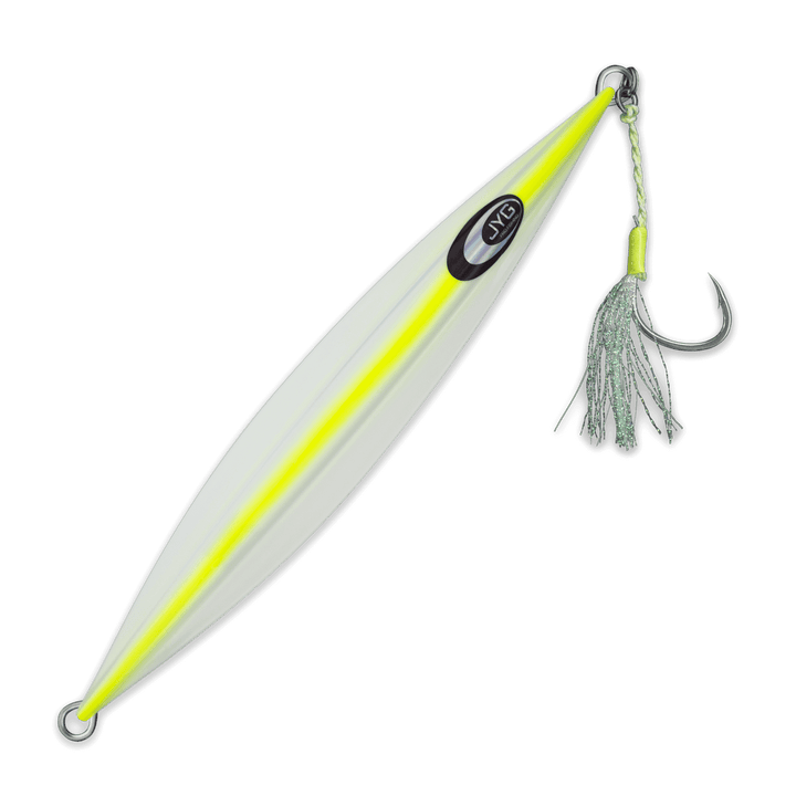 DEEP Collection slow pitch jig in yellow, rigged 25g–50g center-weighted jig for calm water use