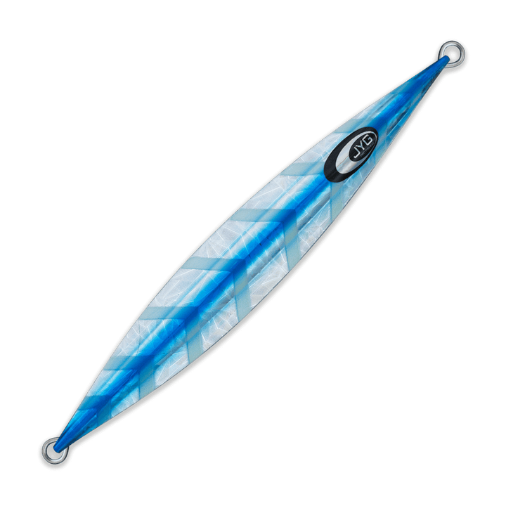 DEEP Collection slow pitch jig in blue, unrigged with flutter action for moderate currents