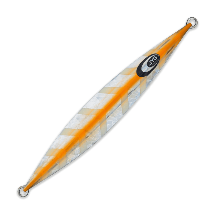 DEEP Collection slow pitch jig in orange, unrigged with flutter action for moderate currents