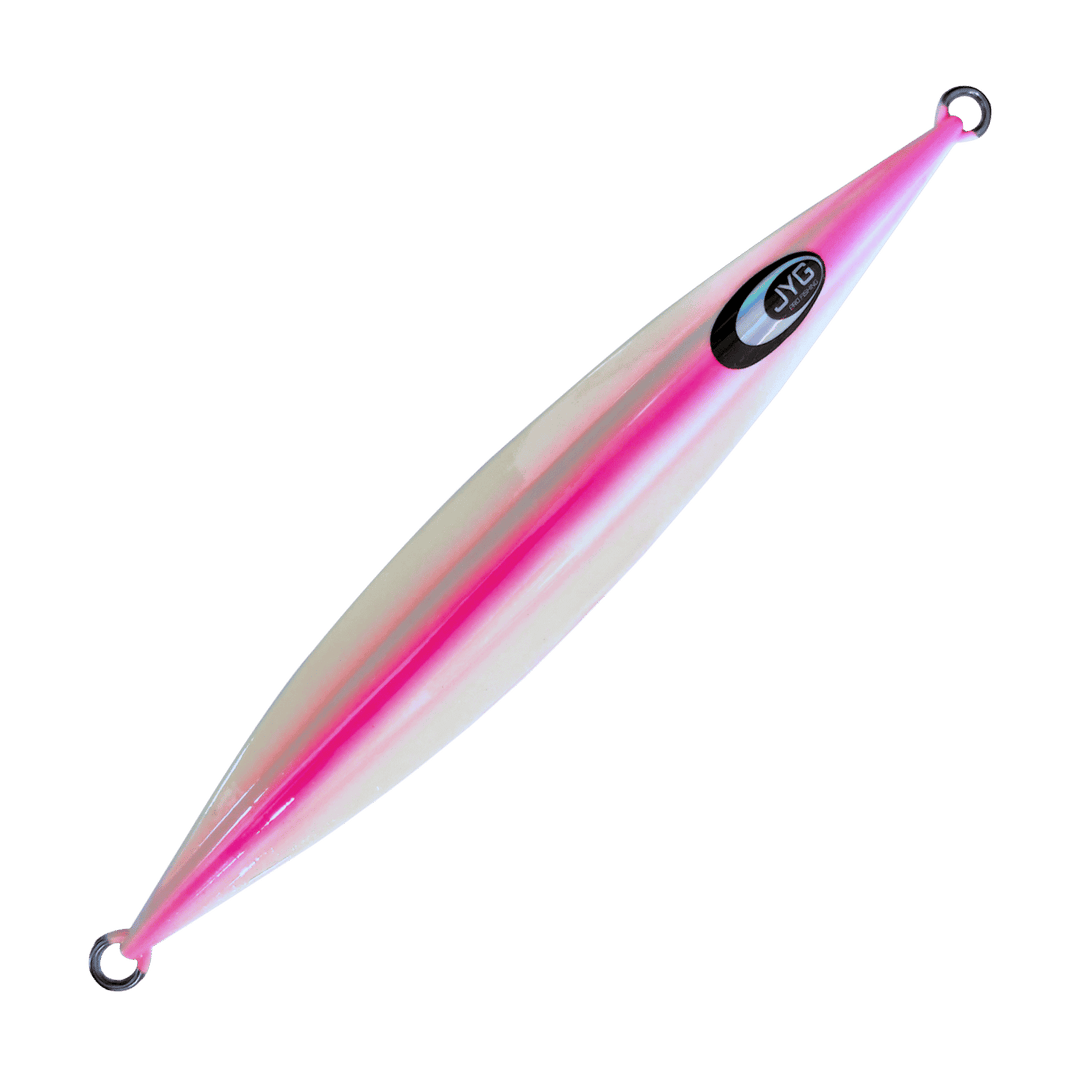 Unrigged slow pitch jig with white and pink glow finish, symmetrical design for vertical jigging in low to moderate currents