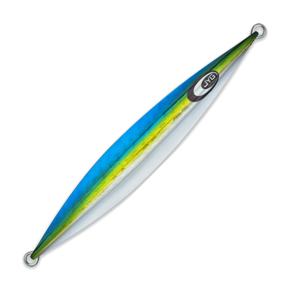 Unrigged slow pitch jig with sardine-inspired gradient finish in blue, yellow, and silver, symmetrical body for fluttering descent