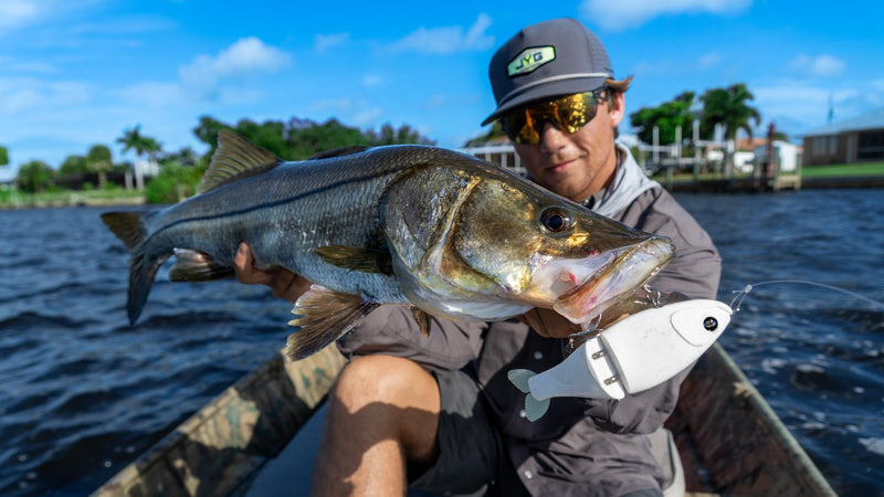 Angler holding a snook caught on a white GLYDE glide bait