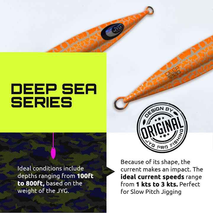 Orange DEEP Crackle infographic showing depth range 100–800ft and ideal currents from 1 to 3 knots for jigging