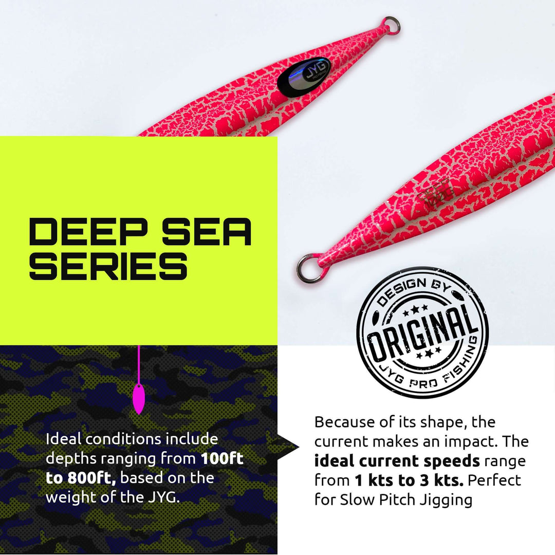 Pink DEEP Crackle infographic detailing usage depth and current range for effective slow pitch jigging setup